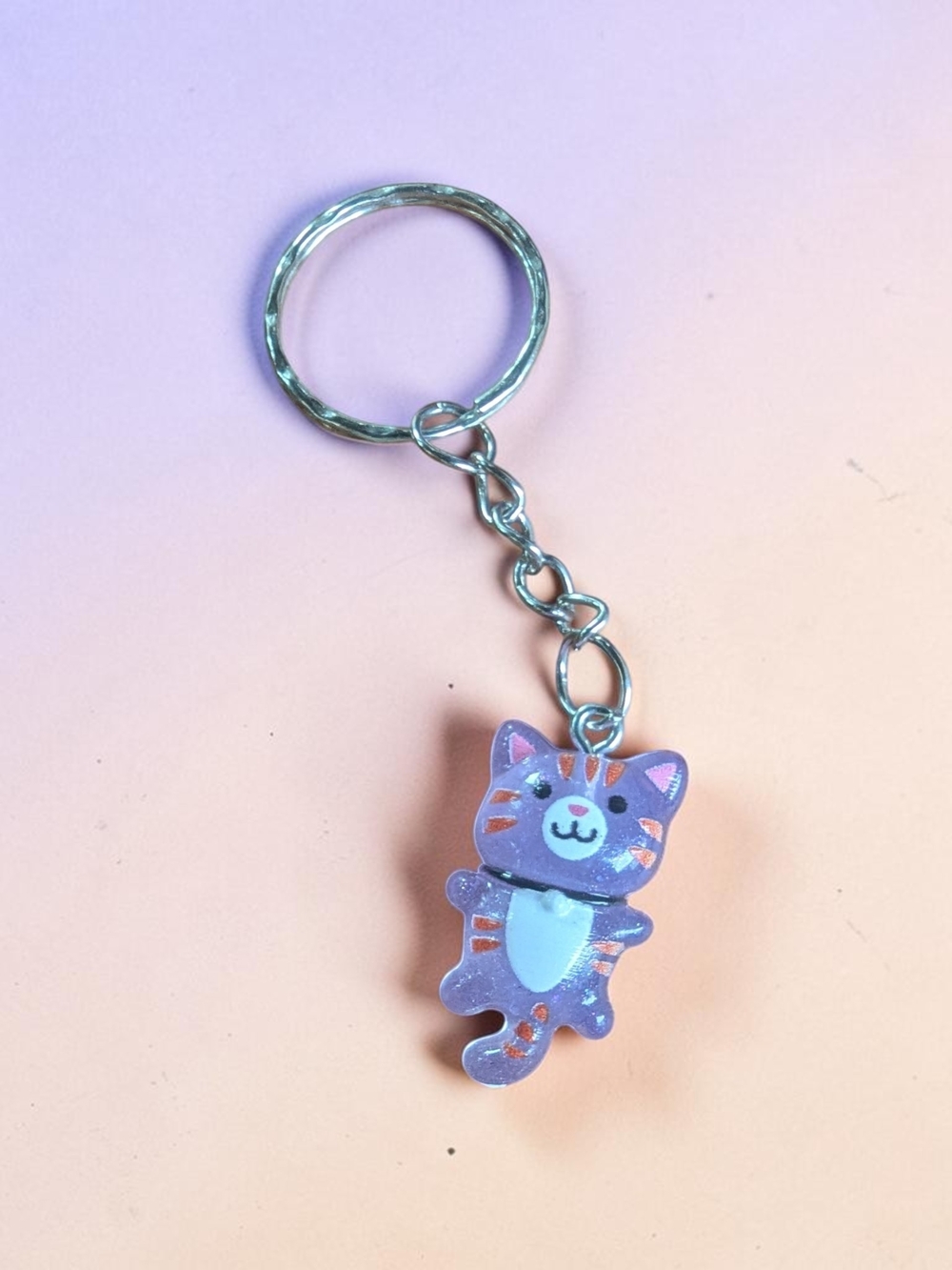 Cute Purple Cat Keychain with silver Key holder | Glitter Girl Travel Accessory